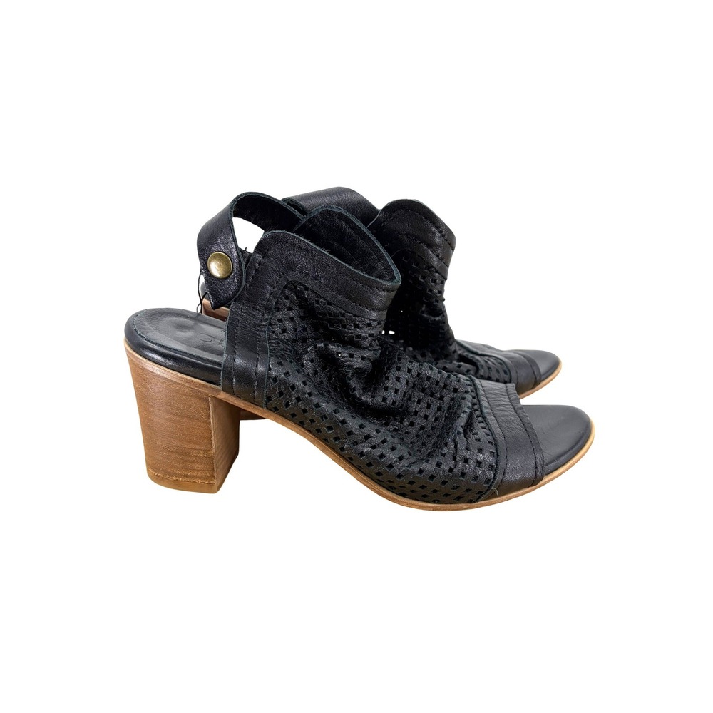 Bueno Black Perforated Leather Peep Toe Block Heel Slingback Sandals Size 37